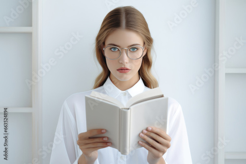 Luminous Literacy: A radiant young woman holds a white book, her allure illuminated by the soft light around her