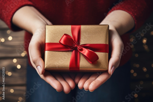 Seasonal Generosity: Woman holding a Christmas and New Year's gift, radiating holiday warmth