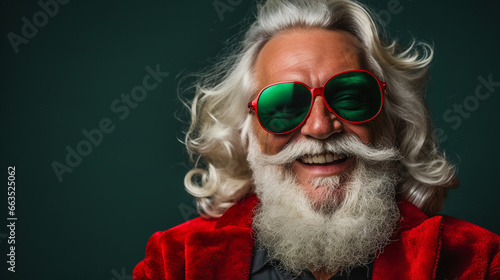 Santa claus smiling with hat and sunglasses against a green background, Generative AI