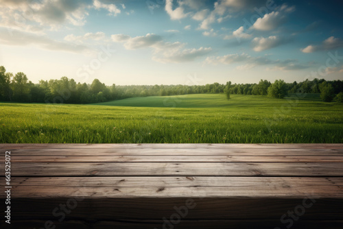 Rural Tranquility  Serenity engulfs the countryside  where a verdant meadow stretches beneath the azure sky  set against a backdrop of weathered wooden textures