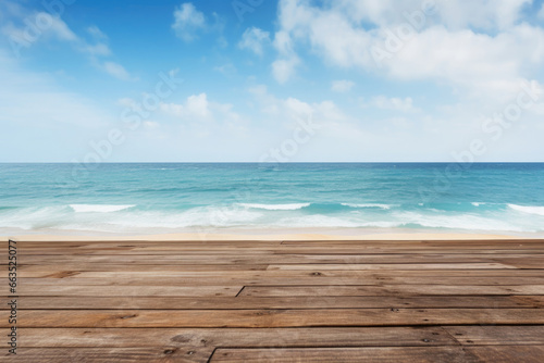 Marine Horizon  A seamless blend of wood planks meets the vast expanse of the ocean  creating a serene backdrop of natural harmony