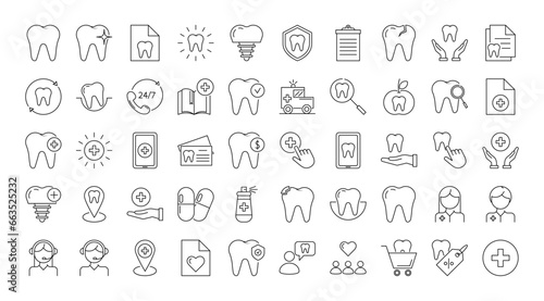 Dental line icons set. Teeth, tooth, care, oral cavity, dentist, tooth crown, dentist, dentistry, treatment, prosthetics, health, people. Vector stock illustration. 