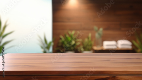 Empty Wooden surface for presentation with SPA salon background  mockup  Space for presentation product
