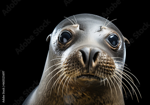 Realistic portrait of a seal isolated on dark background. AI generated photo