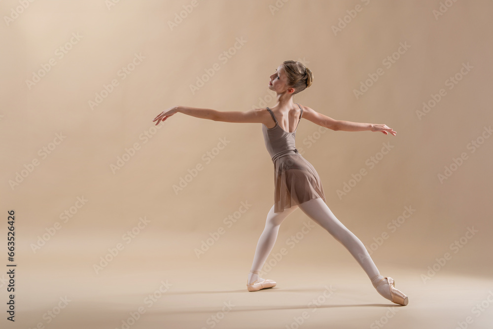 Beautiful young girl professional student ballerina in pointe shoes and a leotard on a light beige background. Beautiful young girl professional student ballerina in pointe shoes and a leotard on a light beige background.