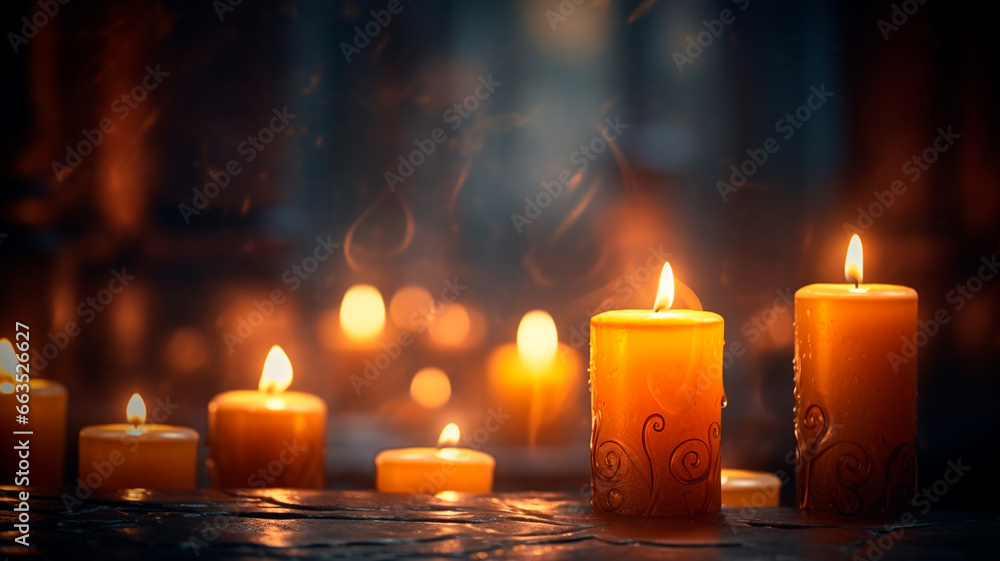 burning candles with burning decorations on wooden table. halloween concept burning candles with burning decorations on wooden table. halloween concept