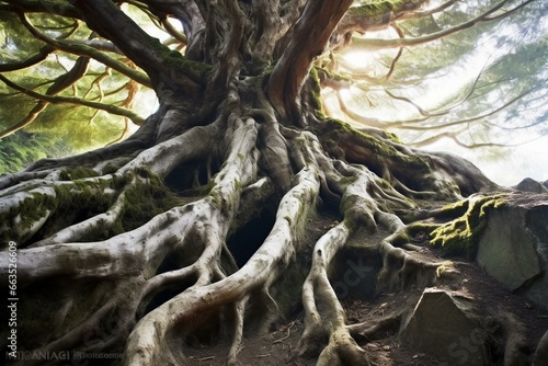 Old tree with visible roots, representing the unseen strength of roots. Generative AI