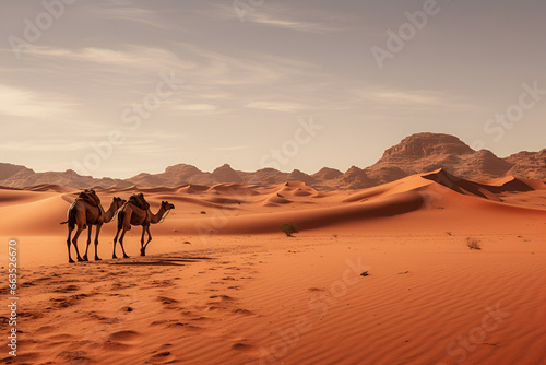 Two Camels Walk Across the Desert Sand Dunes