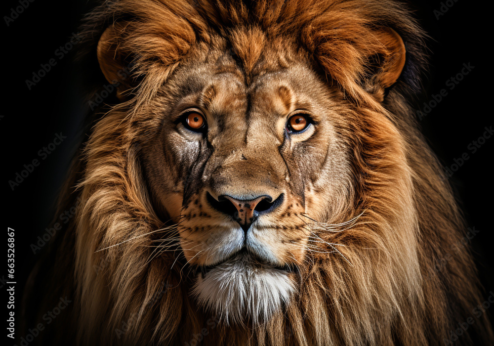 Realistic portrait of a lion isolated on dark background. AI generated