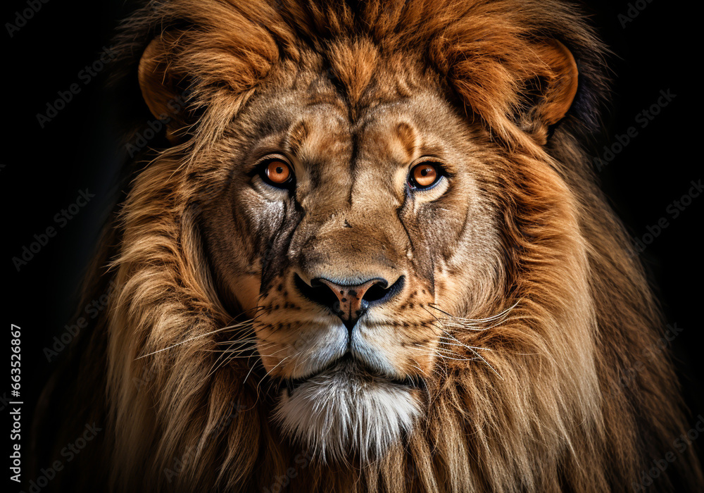 Fototapeta premium Realistic portrait of a lion isolated on dark background. AI generated