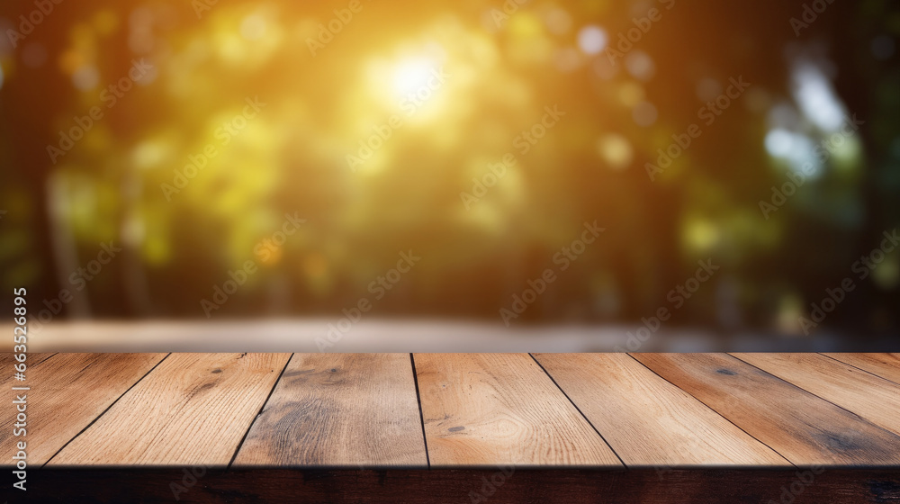 Empty Wooden surface for presentation with blurred garden background, mockup, Space for presentation product Empty Wooden surface for presentation with blurred garden background, mockup, Space for presentation product