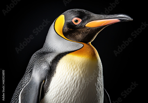 Realistic portrait of a penguin isolated on dark background. AI generated