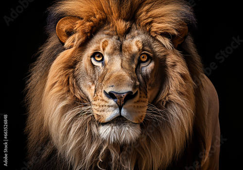 Realistic portrait of a lion isolated on dark background. AI generated © Alicina