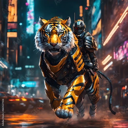 A highly detailed digital painting of a tiger wearing full body armor in a cyberpunk style.