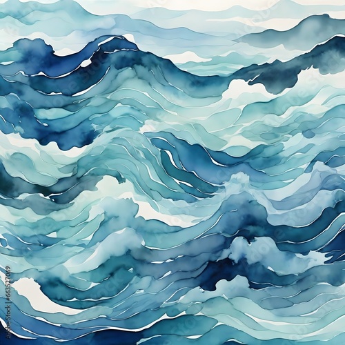 Watercolor Background Design That Encapsulates The Serene Beauty Of Azure Blue And Turquoise Tones, Depicting An Abstract Sea Waves Pattern With A Gradient Effect AI Generative