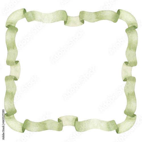 Frame of green vintage ribbon, square border. Collection of antique toys. Hand drawn watercolor illustration on a white background. For cards, congratulations, invitations, text inside