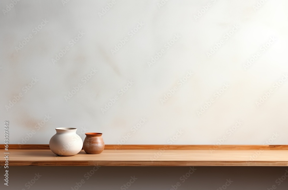 Empty wooden dark white and beige table over white wall background, product display montage post production | Generative AI Empty wooden dark white and beige table over white wall background, product display montage post production | Generative AI
