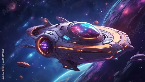 Fototapeta Naklejka Na Ścianę i Meble -  A Vibrant And Detailed Anime Style Cartoon Illustration Of A Spaceship In A Galactic Setting Illustration Of A Spaceship Background AI Generative