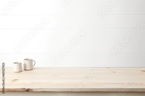 Empty wooden white table over white wall background, product display montage post production | Generative AI