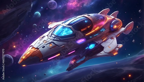 A Vibrant And Detailed Anime Style Cartoon Illustration Of A Spaceship In A Galactic Setting Illustration Of A Spaceship Background AI Generative