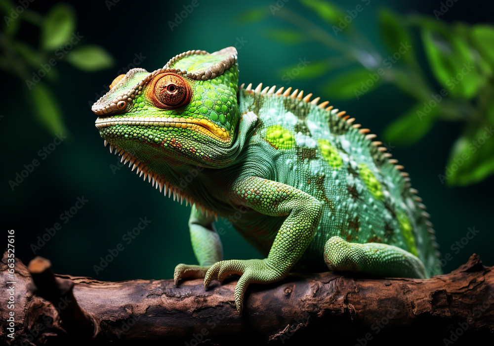 Fototapeta premium Realistic portrait of colorful iguana isolated on dark background. AI generated