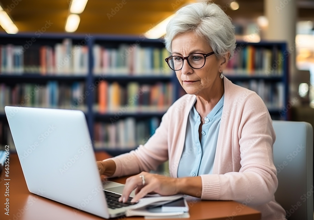Senior lady in a library working on her laptop. Lifestyle concept. AI generated Senior lady in a library working on her laptop. Lifestyle concept. AI generated