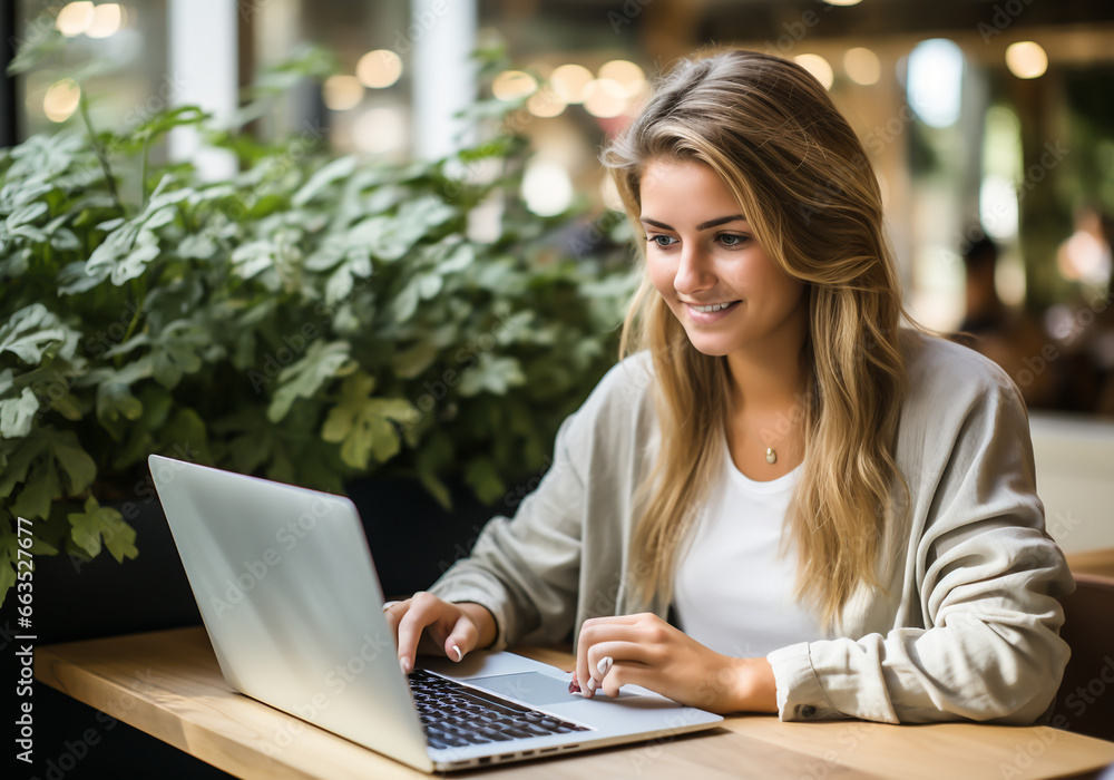 Woman in a library working on her laptop. Lifestyle concept. AI generated Woman in a library working on her laptop. Lifestyle concept. AI generated