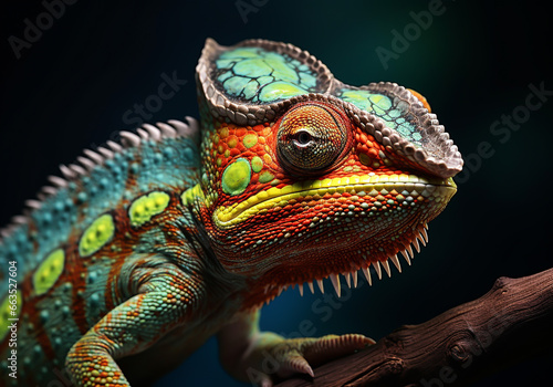 Realistic portrait of colorful iguana isolated on dark background. AI generated