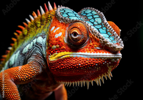 Realistic portrait of colorful iguana isolated on dark background. AI generated © Alicina