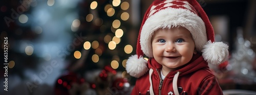 little baby boy with santa claus christmas costume in the living room at home photo