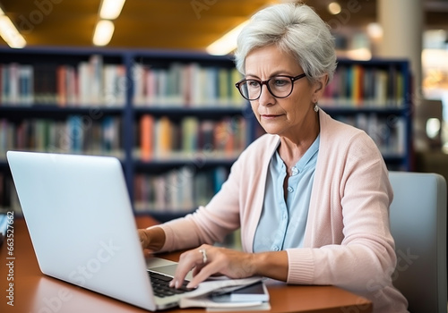 Senior lady in a library working on her laptop. Lifestyle concept. AI generated