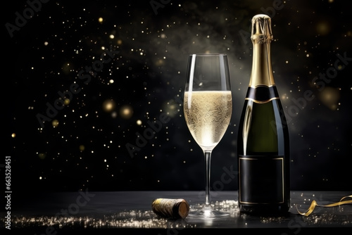 BACKGROUND WITH A CHAMPAGNE BOTTLE AND GLASS. DARK BACKGROUND.