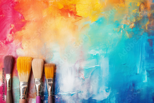 Paintbrushes and Paint on Colorful Canvas Background Top View photo