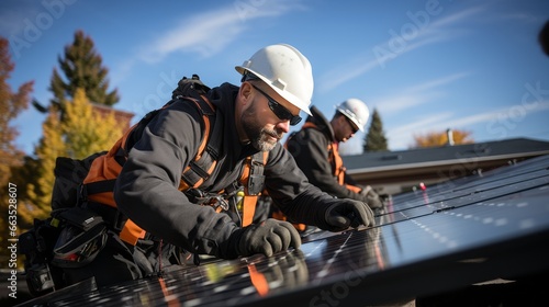 workers installing solar panels on the roof photo