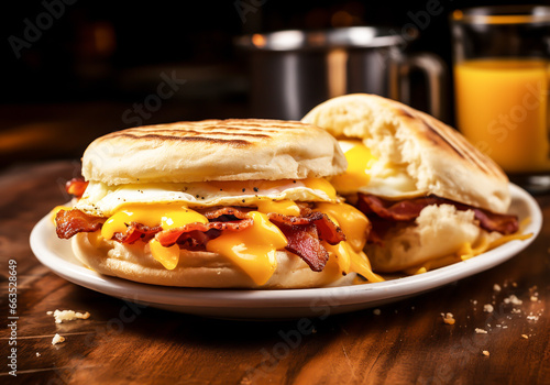 English muffin sandwich with crispy bacon, fried egg and melted cheese. AI generated