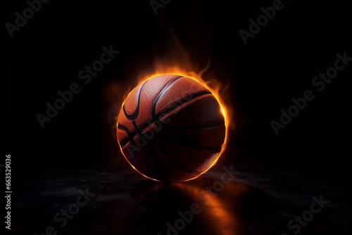 Basketball ball shining on dark backdrop. Generative AI © Bellamy