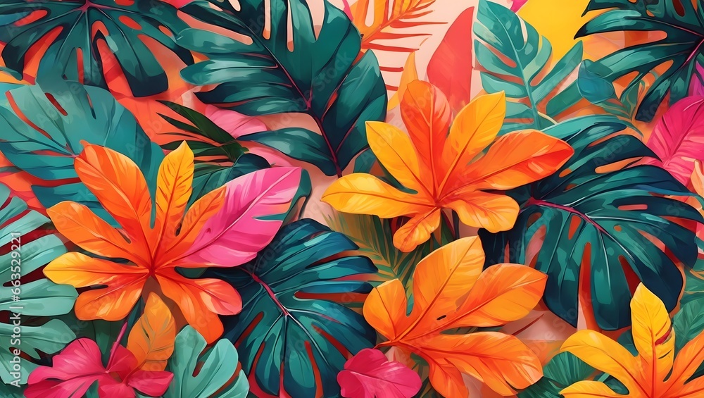 A Vibrant And Inviting Background Design That Captures The Essence Of A Tropical Paradise, Infused With Bright And Colorful Tones And Adorned With Exotic Painted Palm Leaves AI Generative A Vibrant And Inviting Background Design That Captures The Essence Of A Tropical Paradise, Infused With Bright And Colorful Tones And Adorned With Exotic Painted Palm Leaves AI Generative