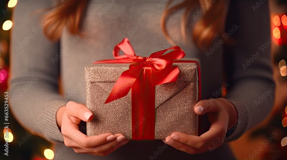 Woman holding Christmas gift Woman holding Christmas gift