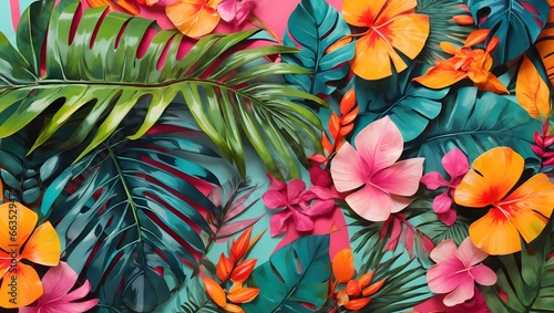 A Vibrant And Inviting Background Design That Captures The Essence Of A Tropical Paradise  Infused With Bright And Colorful Tones And Adorned With Exotic Painted Palm Leaves AI Generative