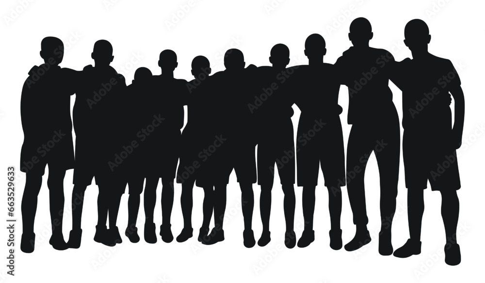 Image of crowd silhouette, group of people, sports team. Fans, admirers, students, audience, public, viewers, watcher - obrazy, fototapety, plakaty 