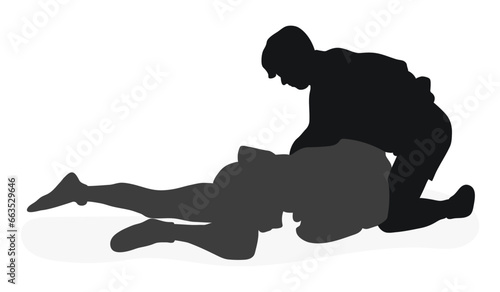 Image of silhouettes sambo athletes in sambo wrestling, combat sambo, duel, fight, fistfight, struggle, tussle, brawl, jiu jitsu. Martial art, sportsmanship