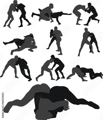 Set of silhouettes athletes wrestler in wrestling, fighting. Greco Roman wrestling, fight, combating, struggle, grappling, duel, mixed martial art, sportsmanship