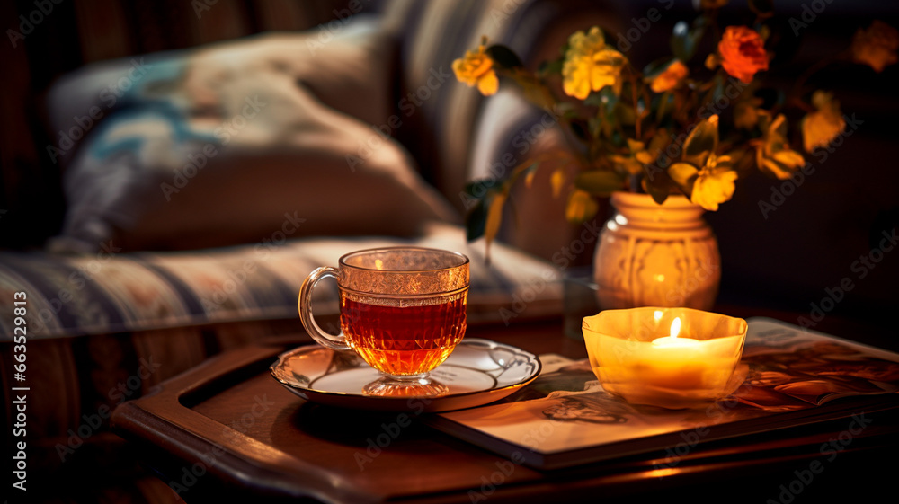 cup of tea with candles and books on bed