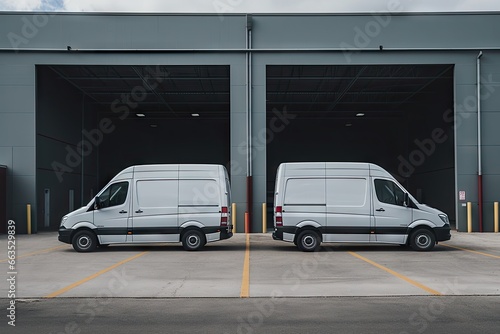 two white vans are parked in and outside a warehouse building Generative Ai