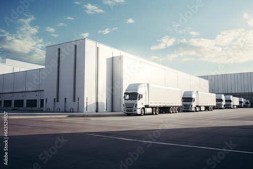 Fototapeta white warehouse with trucks in front of it and outside the building Generative A