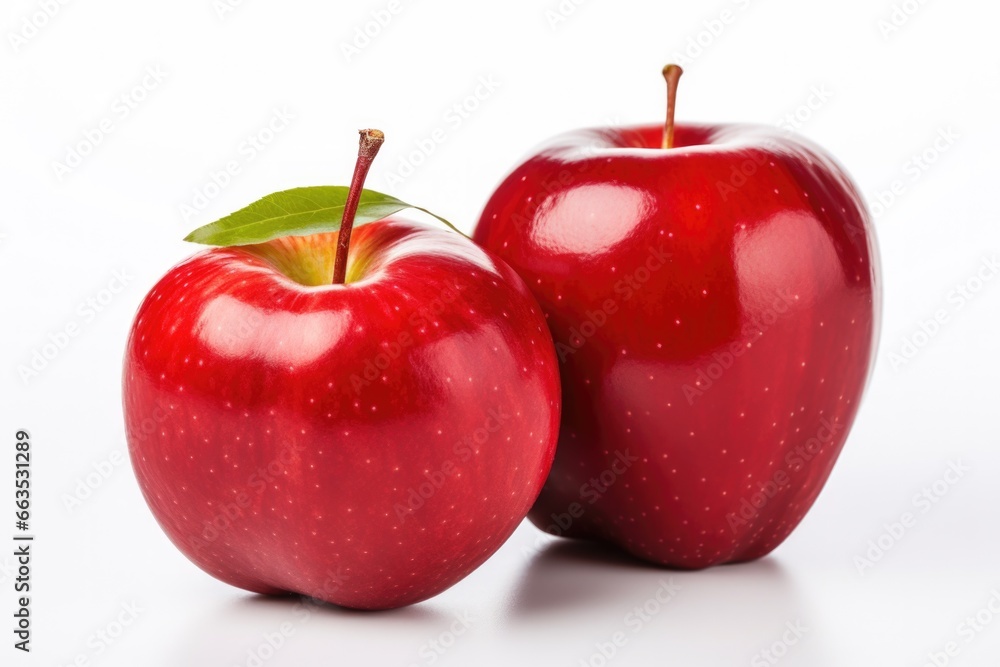Two vibrant red apples, glossy and ripe, with a fresh green leaf attached to the stem, set against a white background, embodying freshness