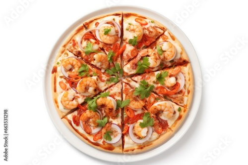 A mouthwatering seafood pizza beautifully garnished with fresh parsley, juicy shrimp, strands of red onion, and a rich tomato sauce