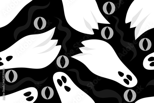Creepy, spooky, scary Halloween ghost. Black, white and gray colors. Seamless vector pattern for design and decoration.