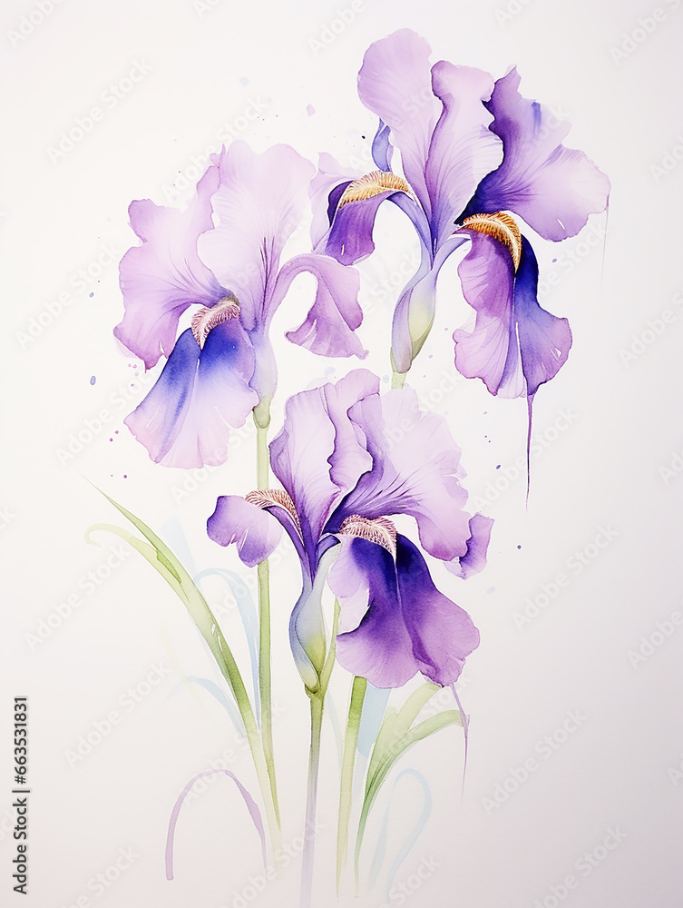 Purple wild irises with transparent petals. Watercolor botanical illustration