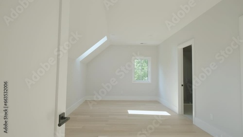 Wide footage of Modern white design window or skylight in a modern apartment, home interior. Move camera photo